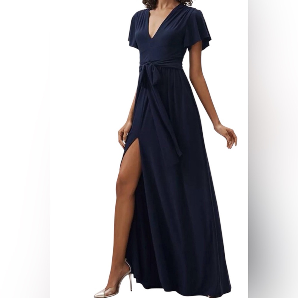 Anthropology BHLDN Mendoza maxi bridesmaid dress Navy blue w/short sleeve size 8
